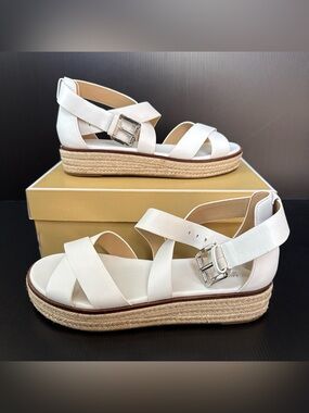 NIB Michael Kors Optic White Leather Darby Espadrille Sandal Women’s Size 10